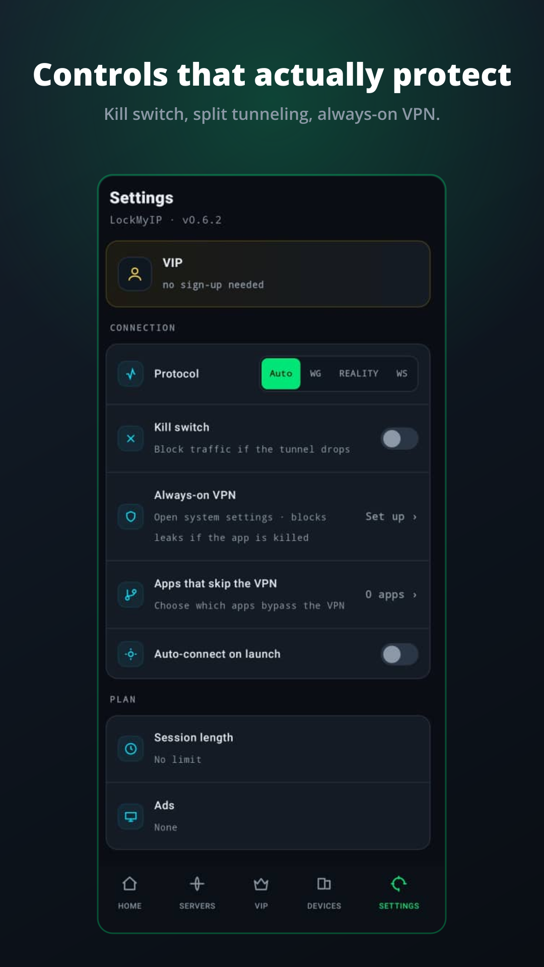 LockMyIP settings — protocol, kill switch, always-on VPN